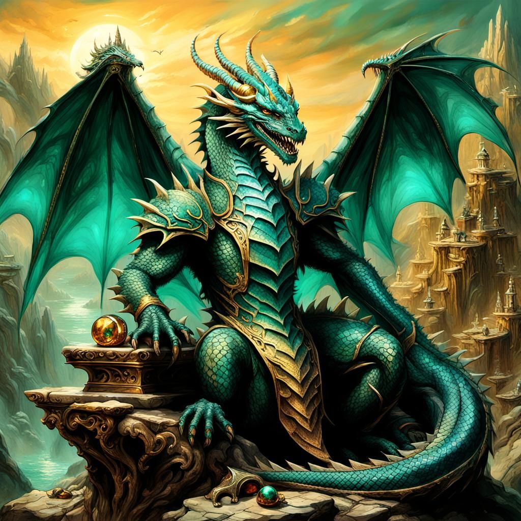 Dragon King on Mountain Throne, Vintage Oil and Ink