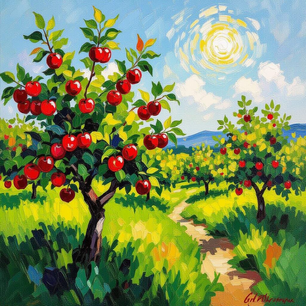 Vibrant Apple Orchard in Neo-Impressionist Style