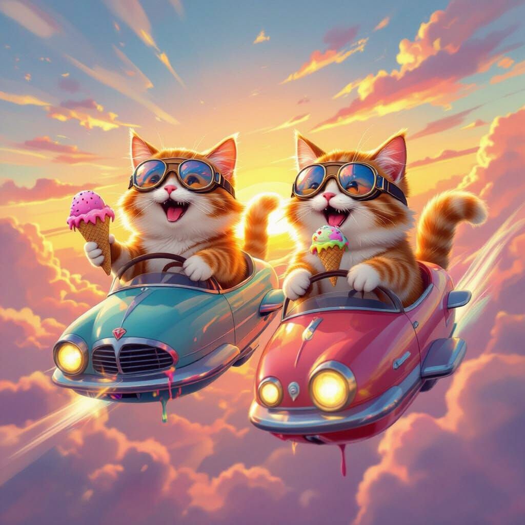 Cats in Flying Cars Eating Ice Cream in Whimsical Style