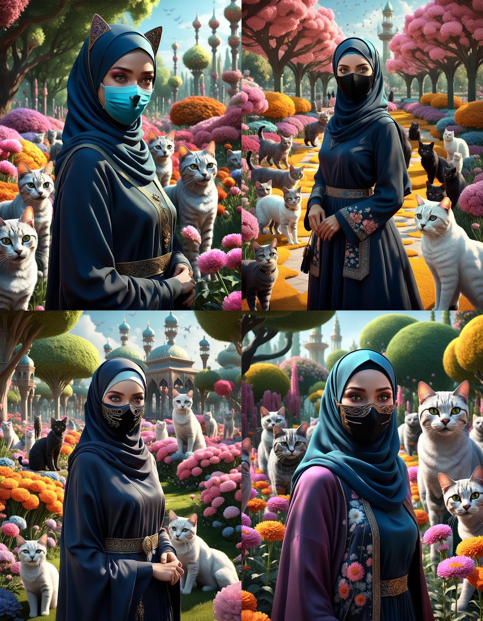 Woman with Hijab in Flower Park, Hyperrealistic 3D Render