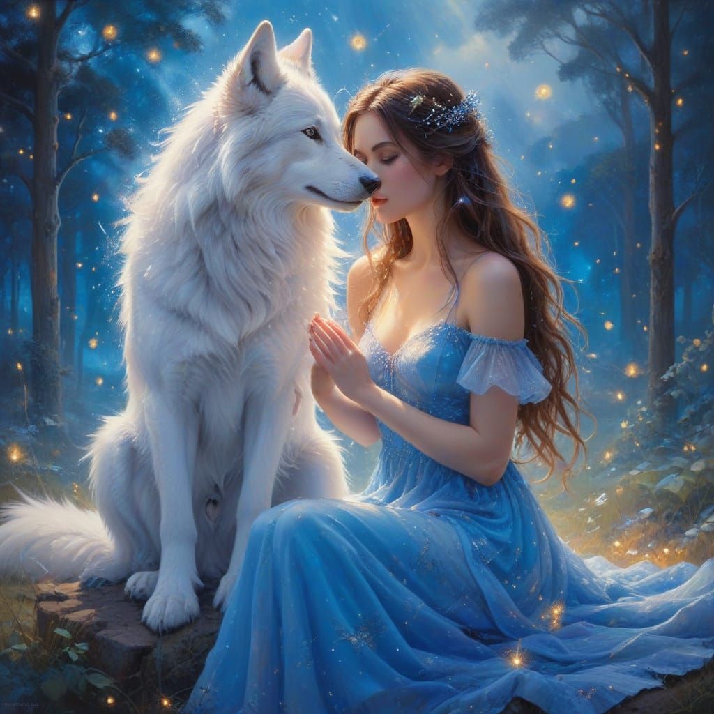 Enchanted Girl and Majestic White Wolf in Whimsical Australi...