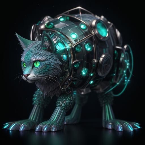 Emerald-Eyed Furry Animal in 3D Render with Blue Lights