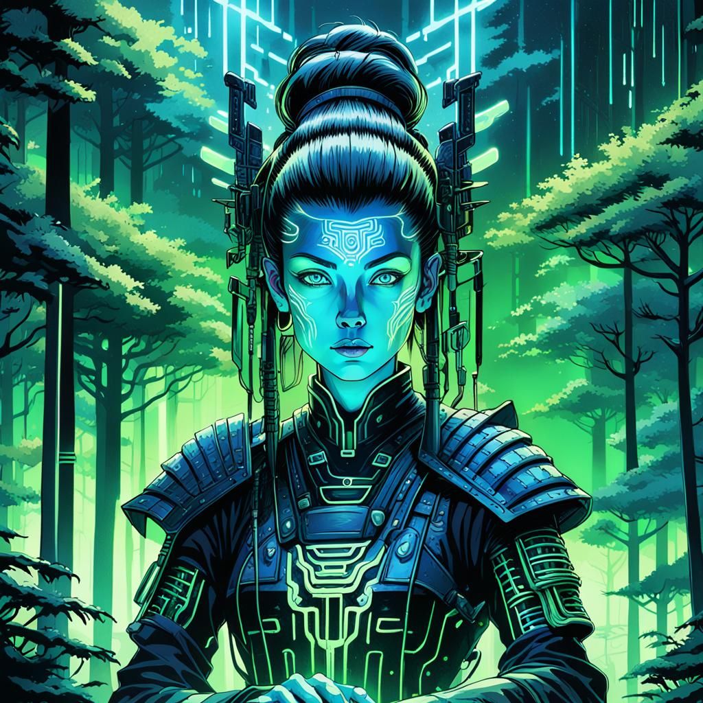 Cyberpunk Samurai Woman in Forest Hut