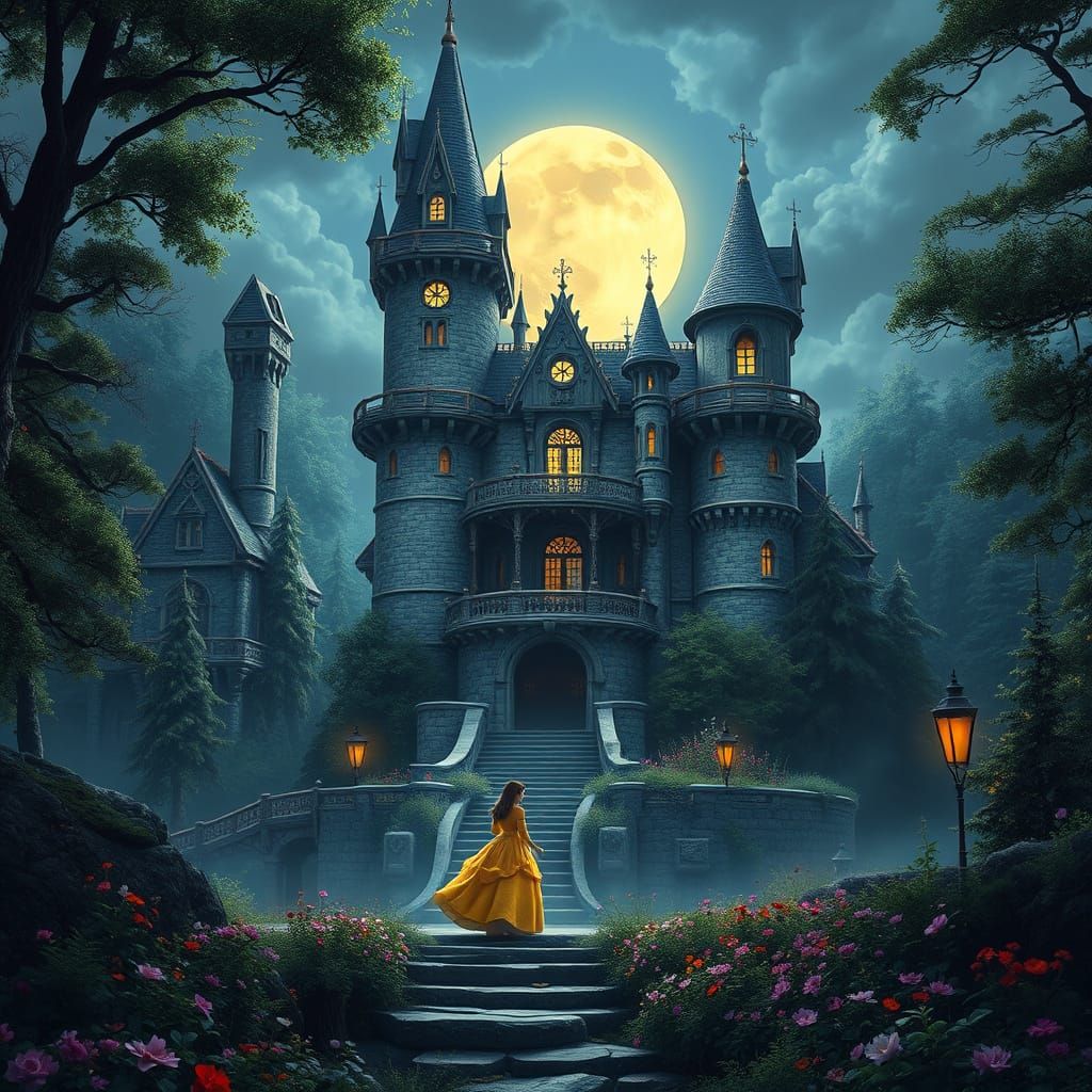 Moonlit Whimsy: Beauty and the Beast in a Fantastical Castle