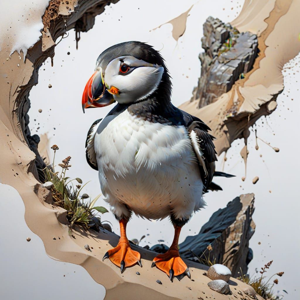 Puffin, cliff, snow, sand, Style Joachim Beuckelaer, stylised watercolor, white background. Elegance, vibrancy of waterc...