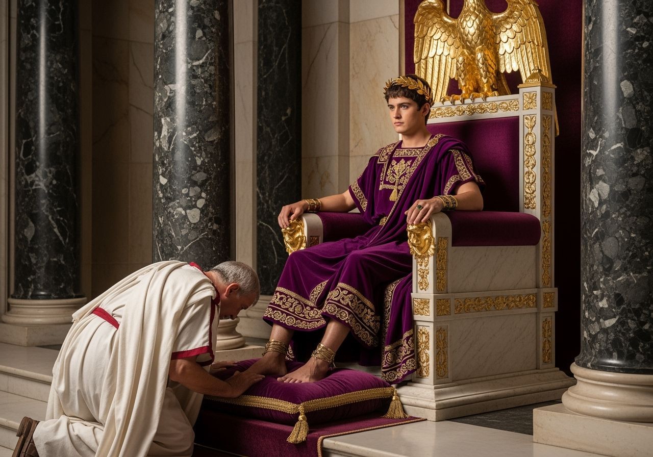 Emperor Nero on Gold Throne with Senator Kneeling