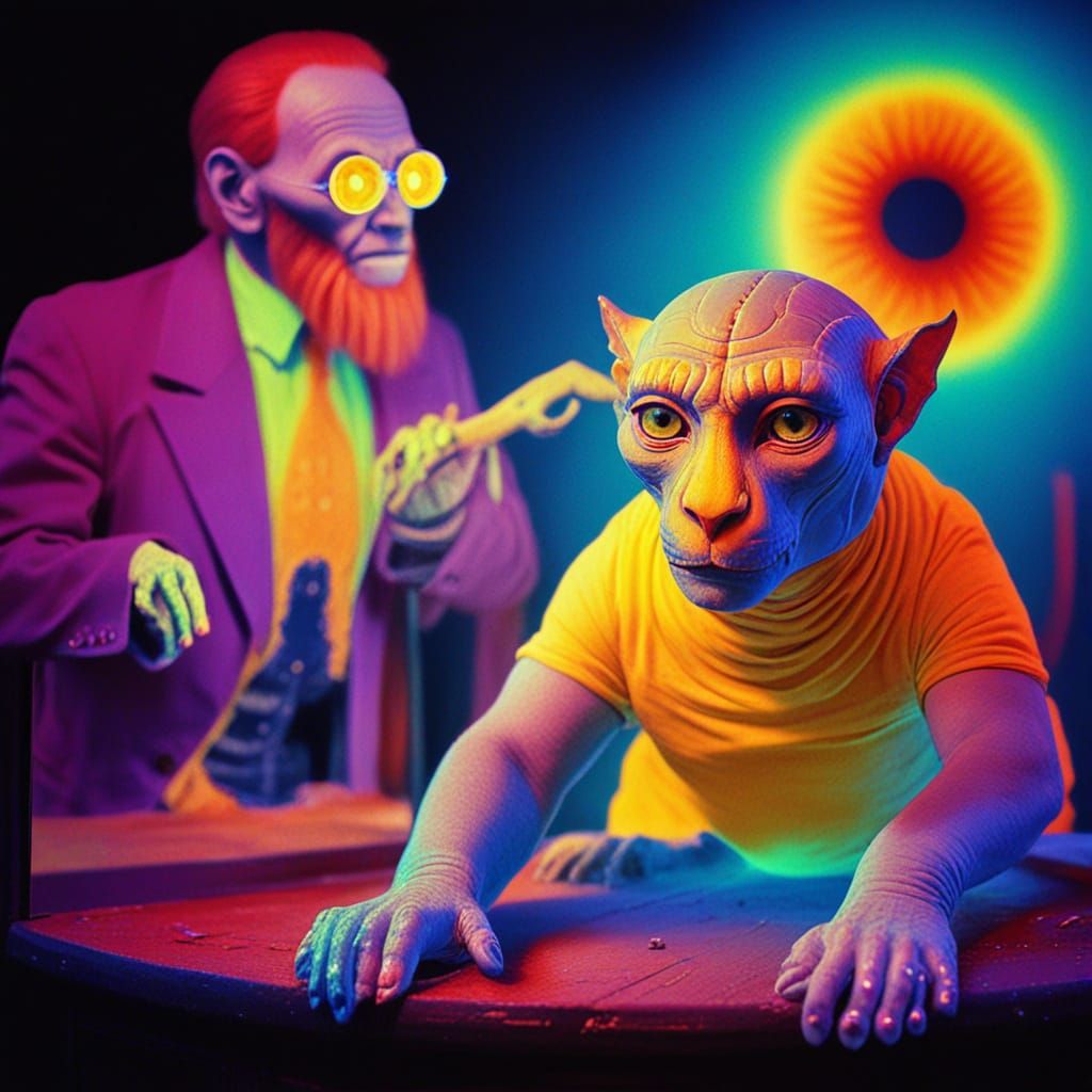 Surreal Mutated Animal Worshipping Sphinx in Triadic Colors