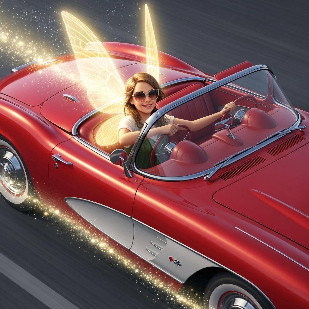 Fairy in Red Corvette with Sparkling Stardust Trail