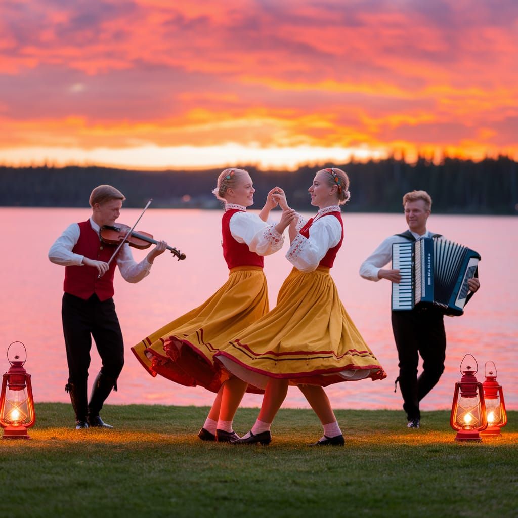 Swedish Folk Dance at Lake Siljan in Sunset Light
