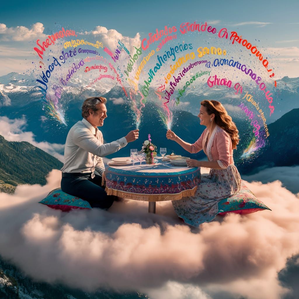 Couple on Cloud Throwing Colorful Words