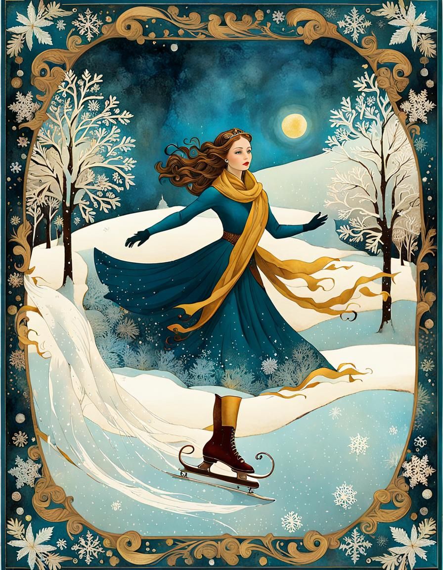 Ice Skating Princess: Whimsical Decalcomania Poster Art