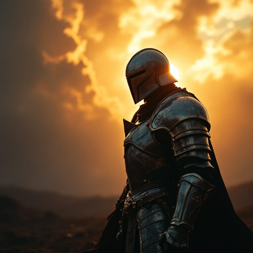 Heavens Knight: Heroic Silhouette Against Stormy Sky