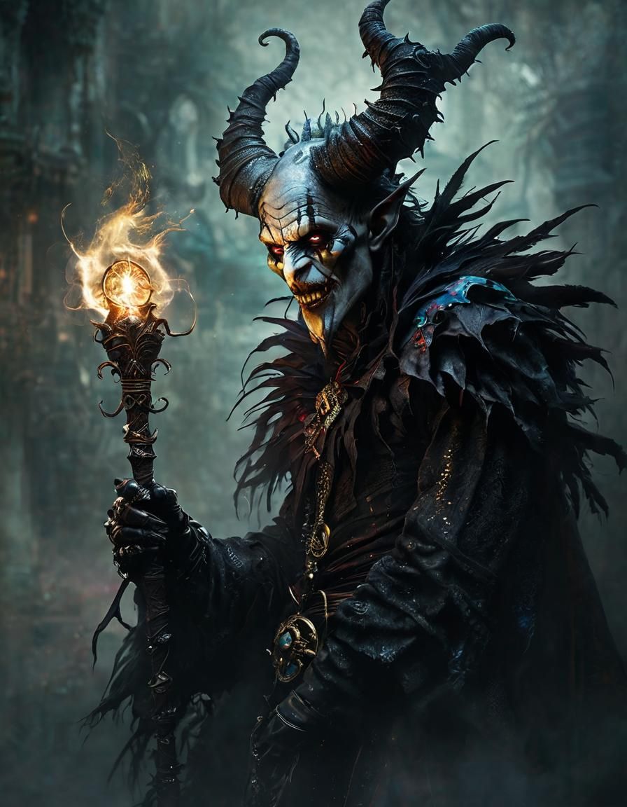 Dark Jester with Magic Wand in Dark Fantasy Style