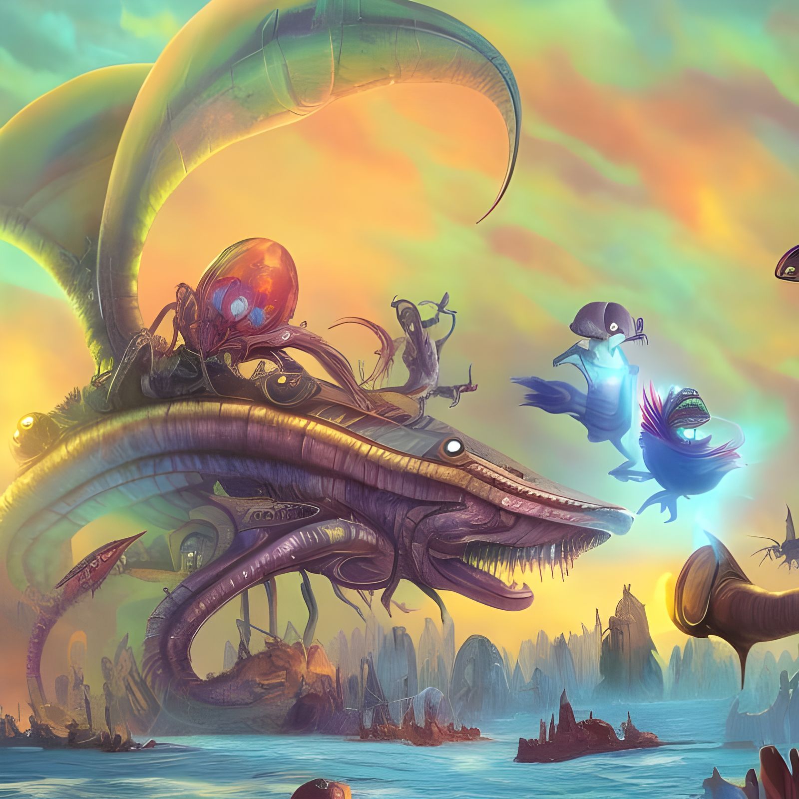 Alien Party: Cartoon Characters in a Surreal Scene