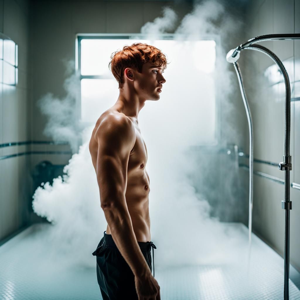 Ethereal Redhead: Hyperrealistic Man in Steamy Shower
