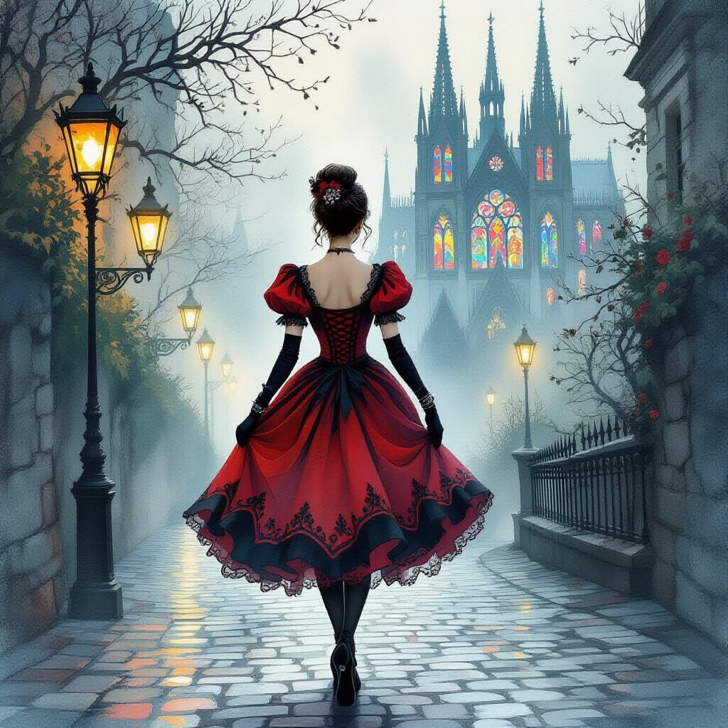 Woman in Vintage Red Dress on Misty Cobblestone Street