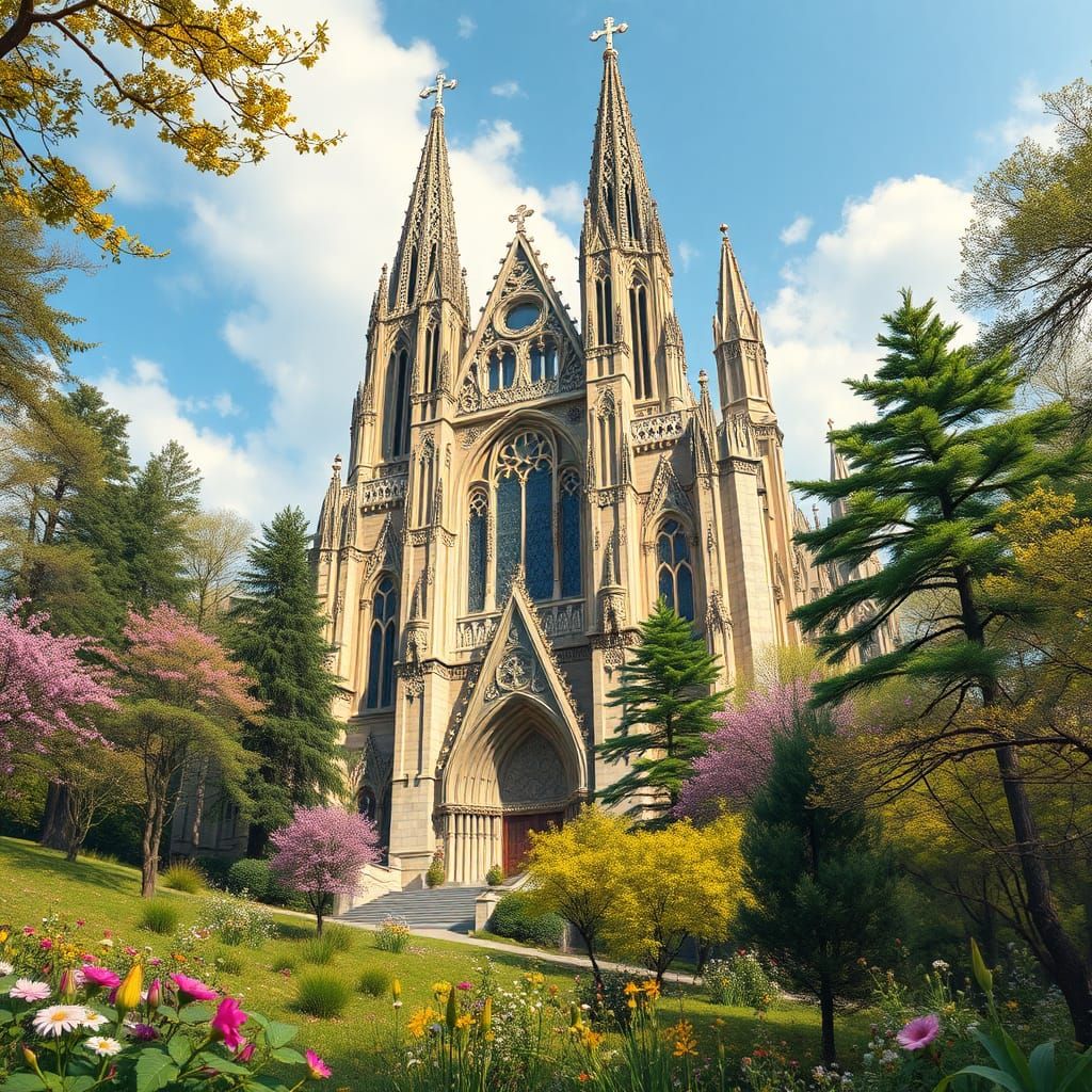 Cathedral Facade in Spring Forest, Ornate Architecture