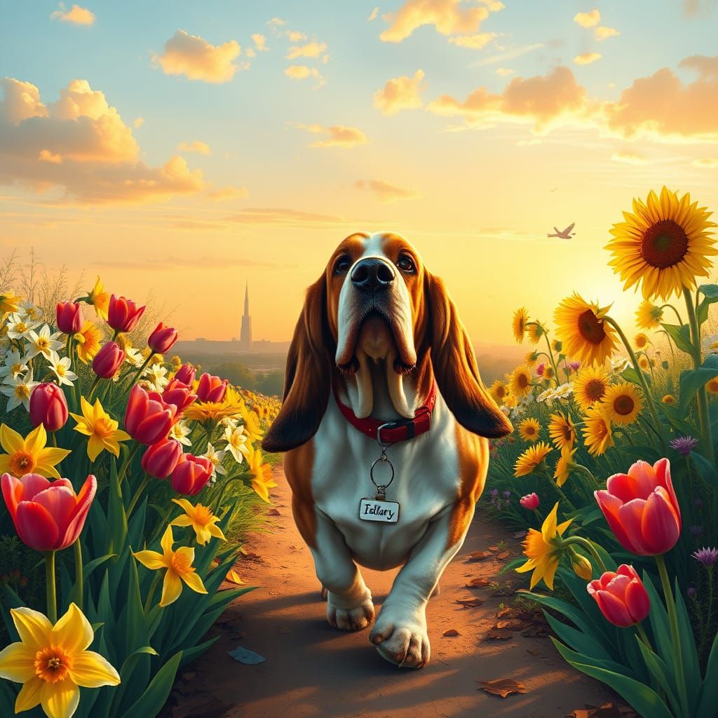 Lovable Basset Hound Strolls Through Vibrant Springtime Gard...