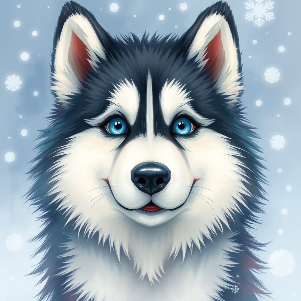 Siberian Husky Surrounded by Whimsical Snowflakes in Digital...