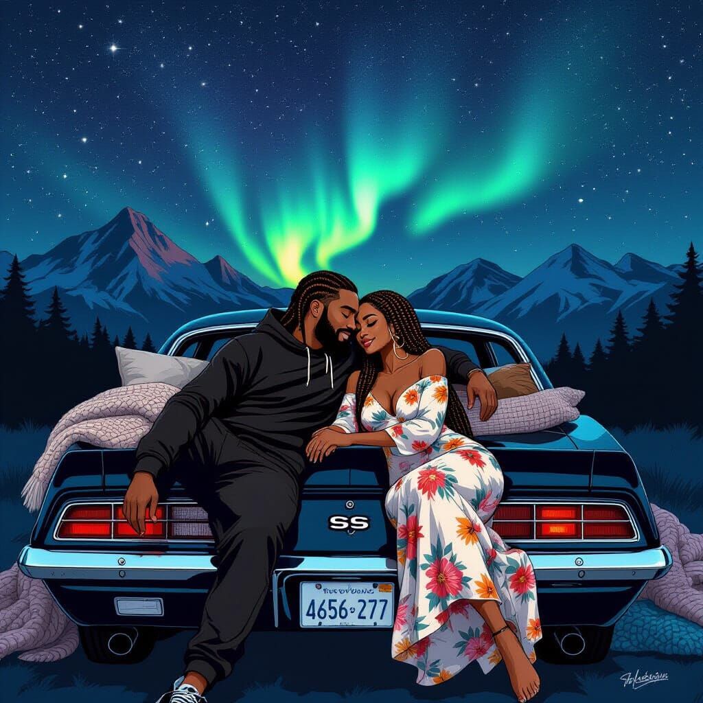 Couple Cuddling on Camaro Trunk Stargazing Under Aurora