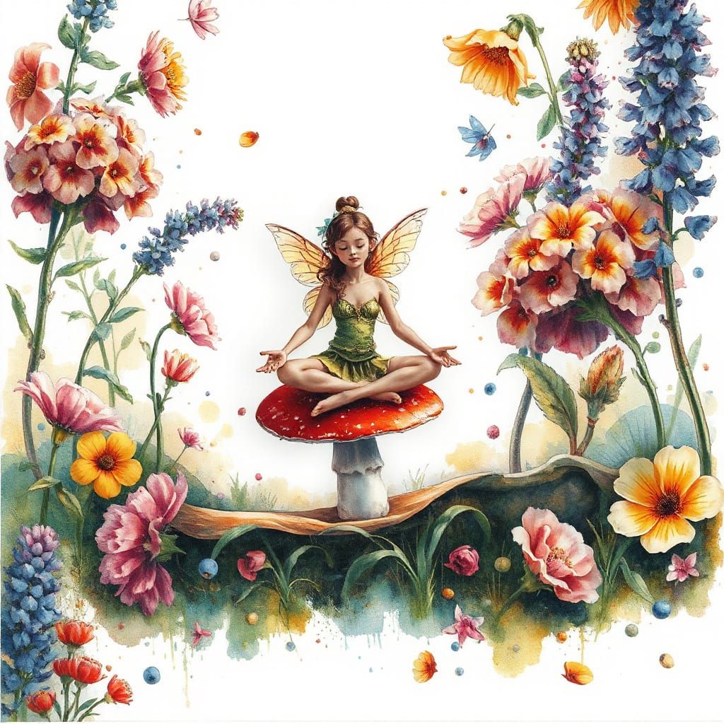 Fairy Meditating on Mushroom in Vibrant Fairytale Garden