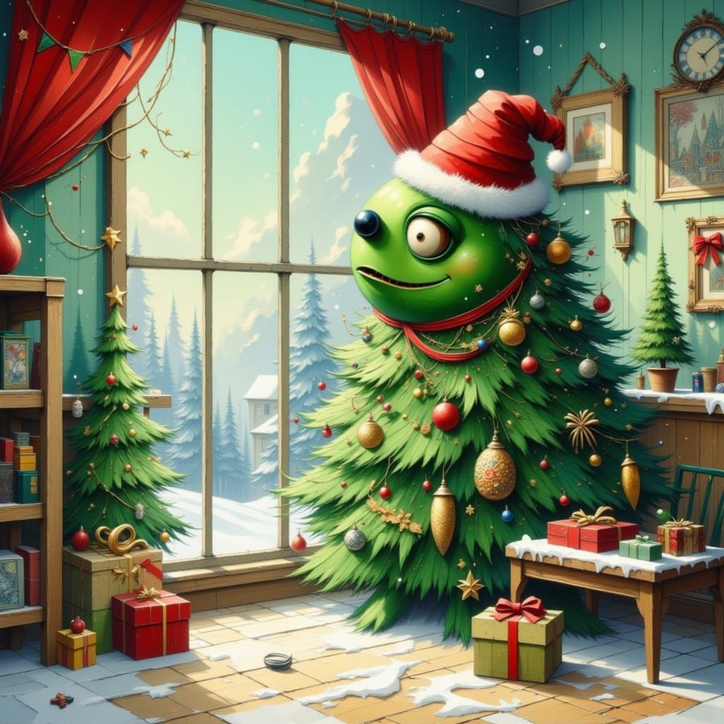 Whimsical Christmas Tree Monster in Children's Storybook Sty...