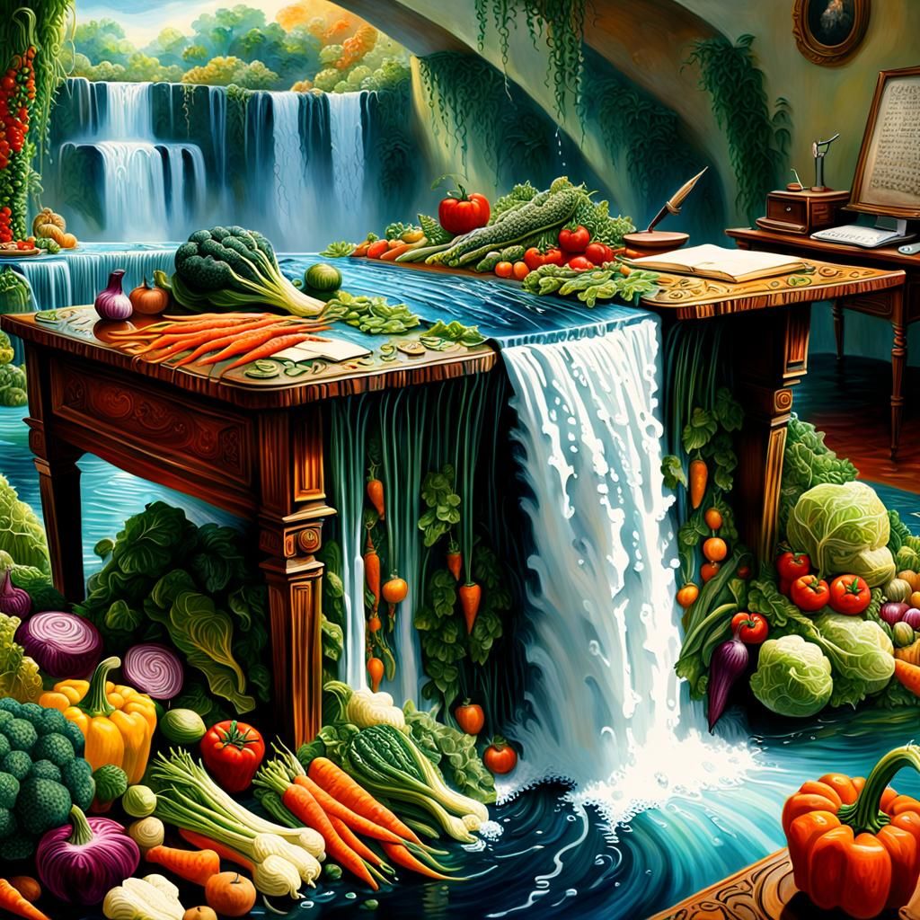 Surreal Waterfall Cascading Over Vegetable Writing Desk