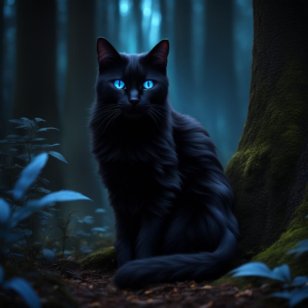 Black Cat Familiar in Dark Forest, Hyperrealistic