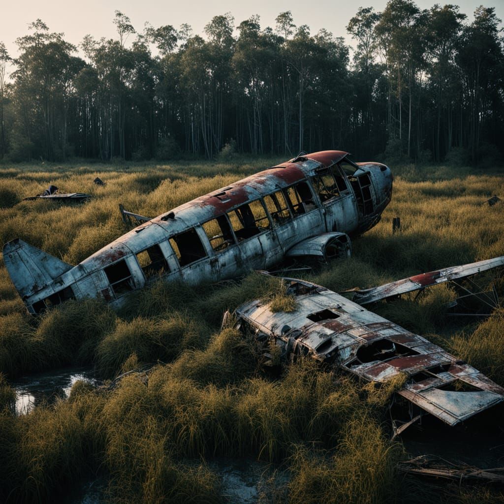 Abandoned Airport Plane Wreck at Dusk