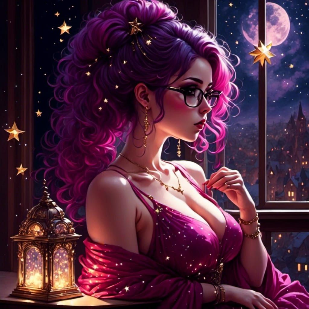 Ethereal Woman Gazing at Stars in Anime Style