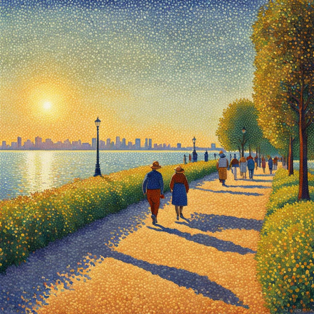 Pointillist Seaside Scene in Vibrant Colors