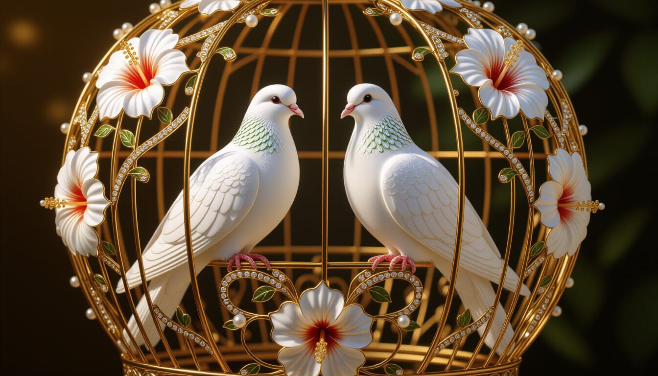 Art Nouveau Bird Cage with Doves in White Gold Filigree