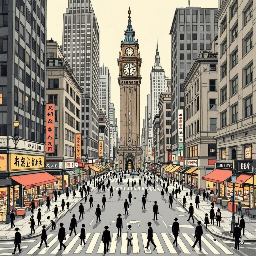 Busy City Crossroads with Clocktower in Surreal Style