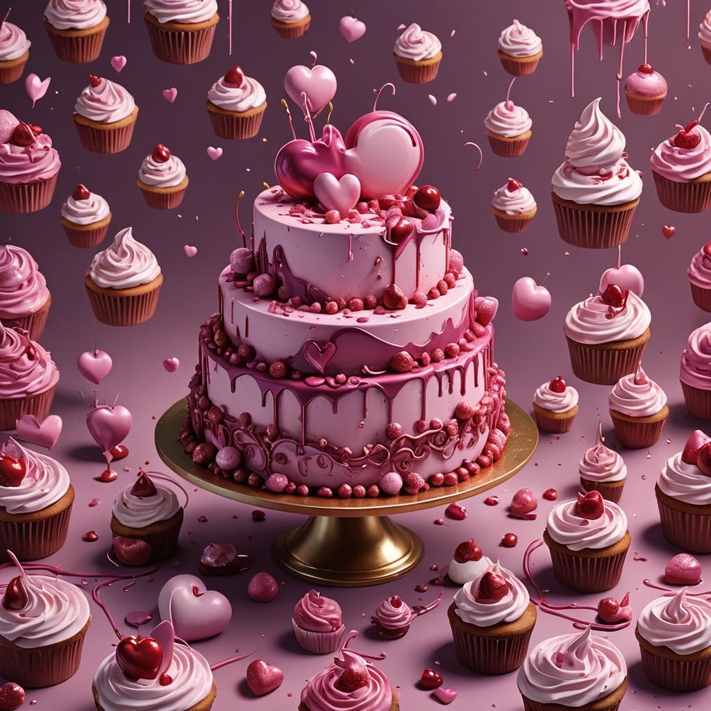 Sweet Pink Heart Cake: Detailed Matte Painting