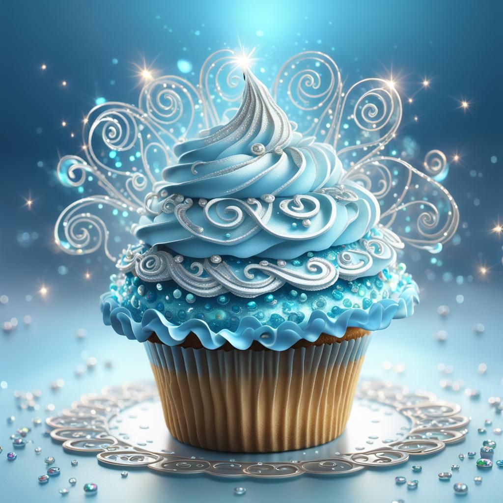 Pale Blue Cupcake with Holographic Swirls, Digital Art