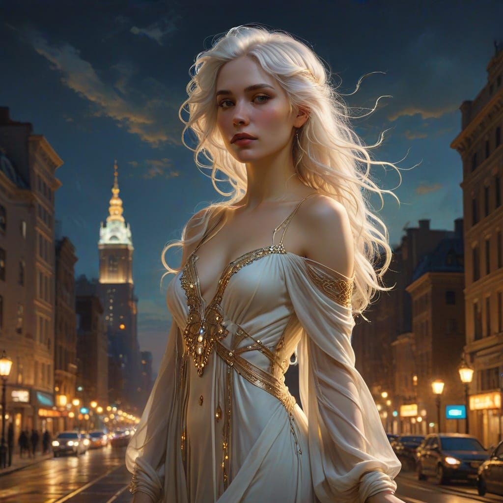 Victorian Lady with Flowing Hair in Art Nouveau