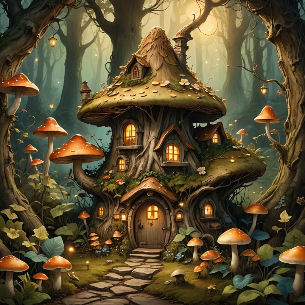 Whimsical Mushroom House with Gnome Illustration
