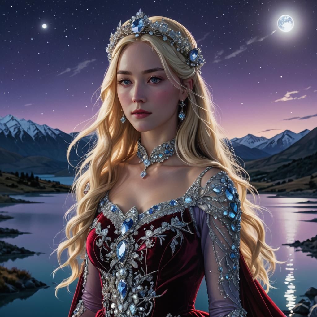 Anime Woman in Diamond Headdress at Lake Tekapo