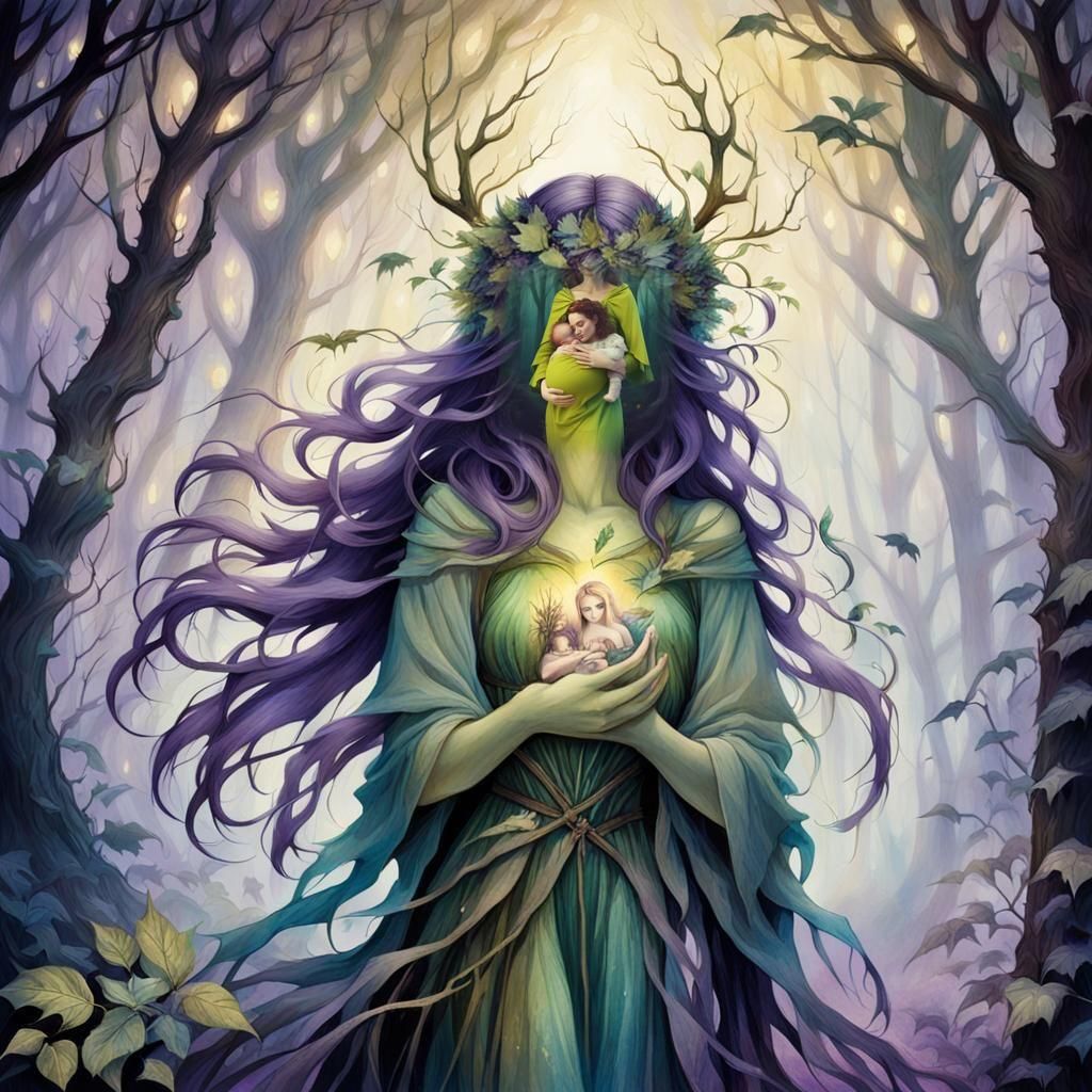 Forest Woman Holding Baby: Fantasy Concept Art