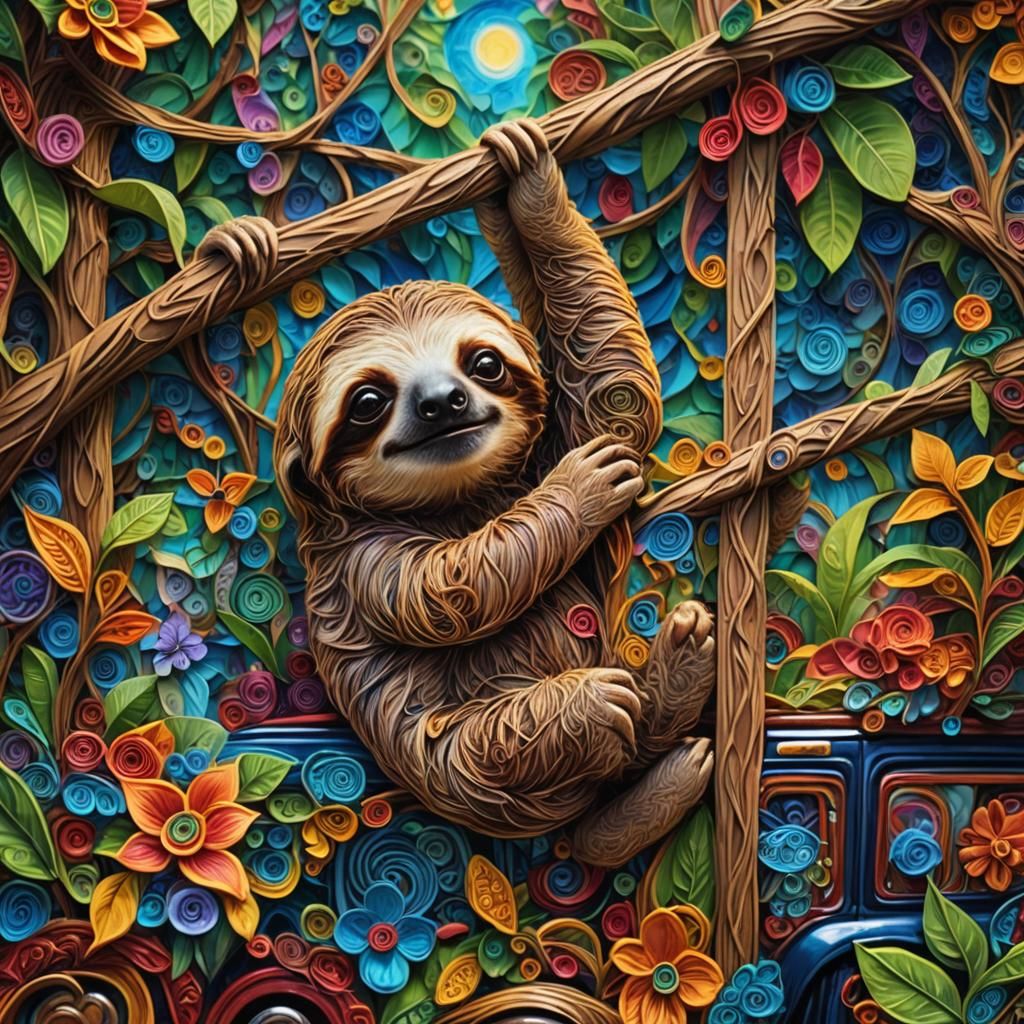 Baby Sloth on Pickup Truck, Aetherpunk Style