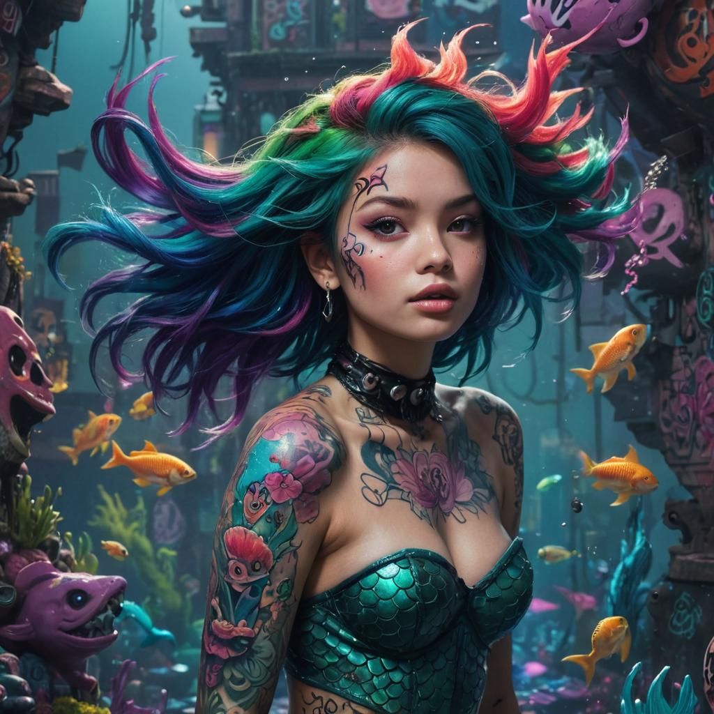 Beautiful Punk little mermaid 
Coloured tattoos 
Punk backgr...