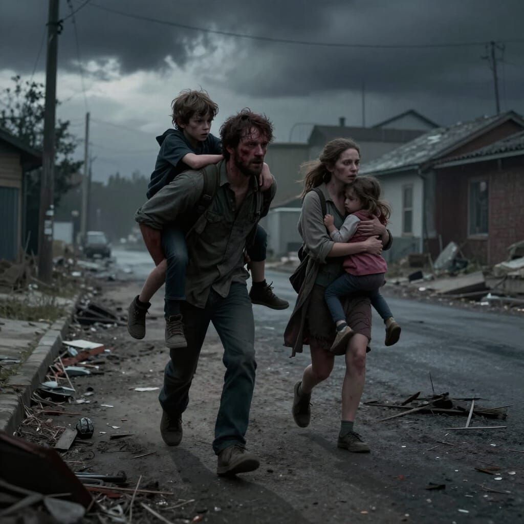 Family Flees Zombies in Desolate Street Scene