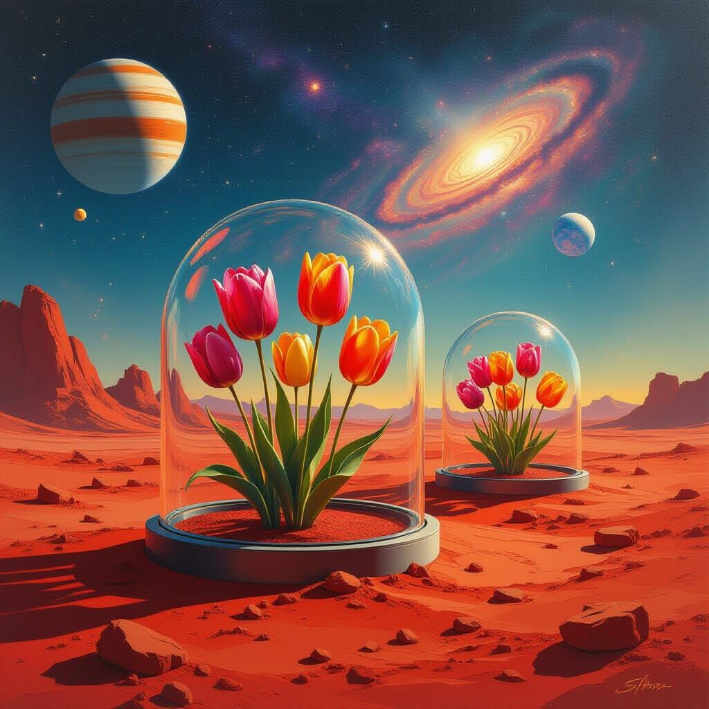 Cosmic Tulips on Mars in Retro-Futuristic Style