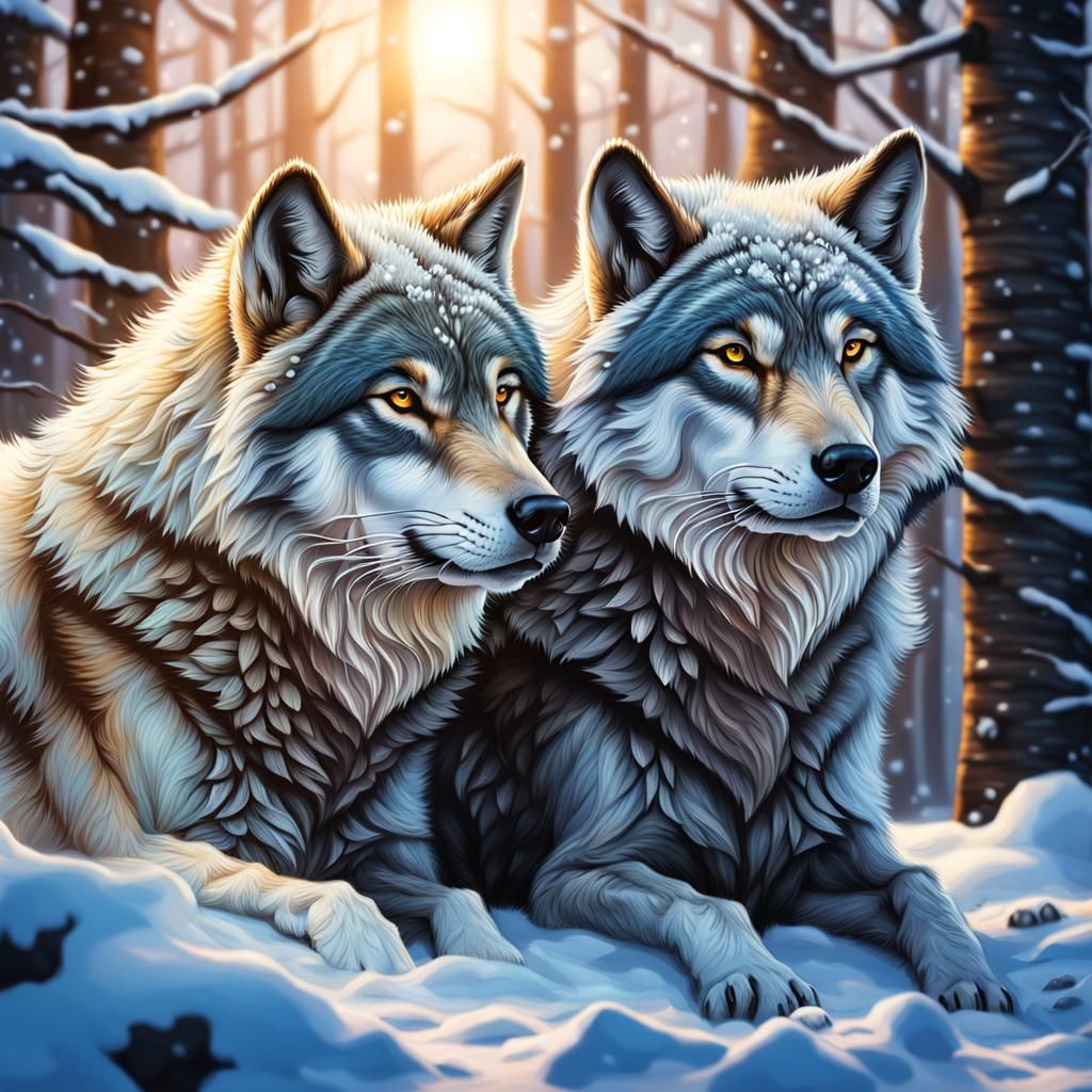 Snow Wolves Guarding Winter Den in Hyperrealistic Style