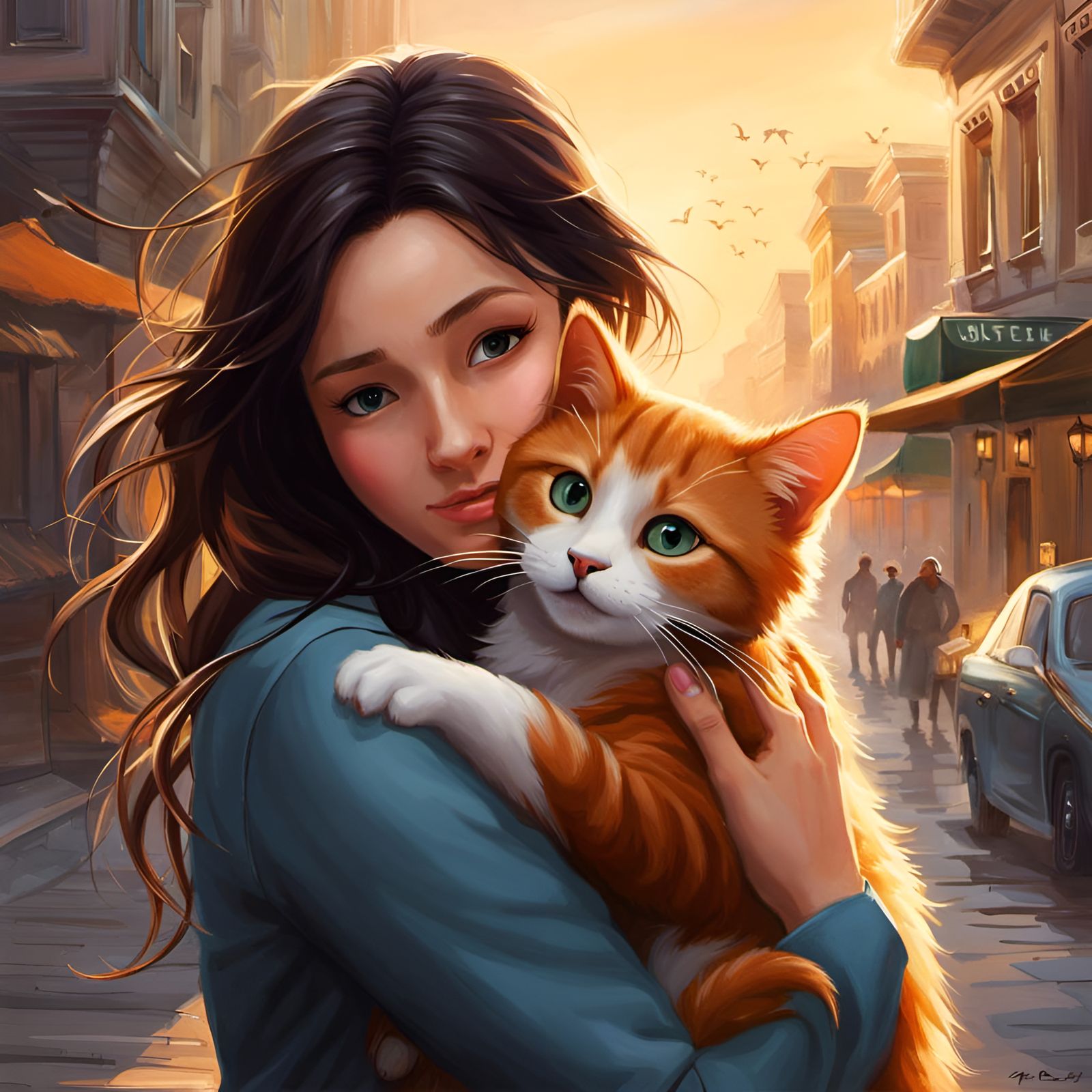 Woman and Cat Embrace in Oil Painting Style