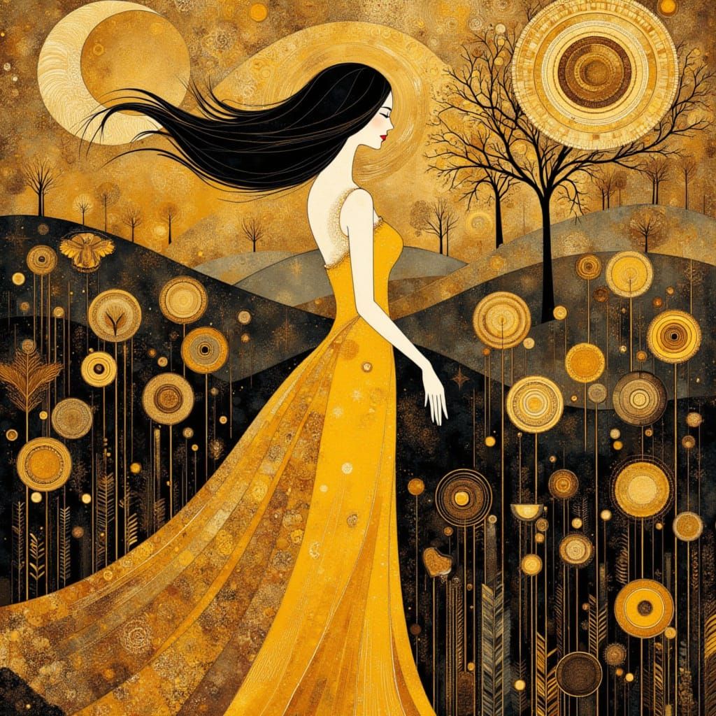 Nature Goddess in Gold and Black, Klimt Style