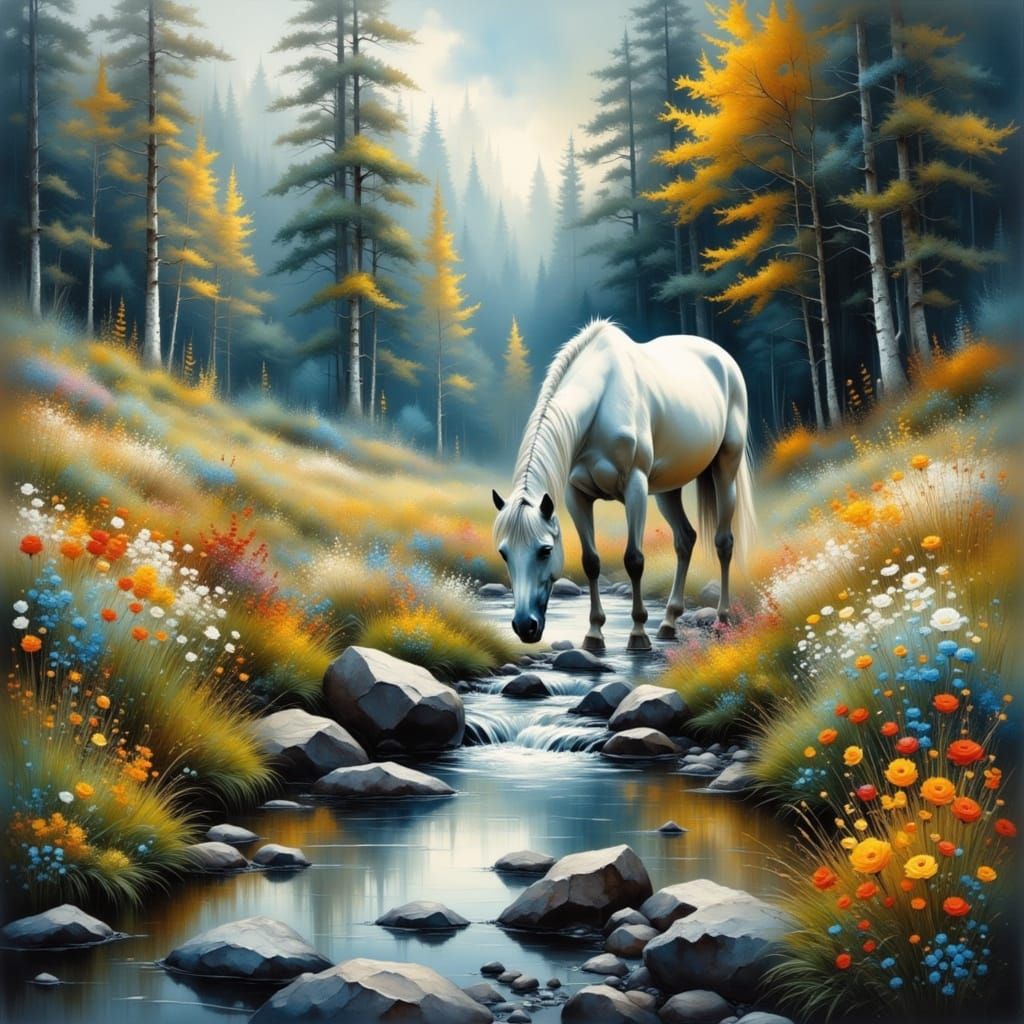 Romantic Twilight Scene of a Handsome White Horse