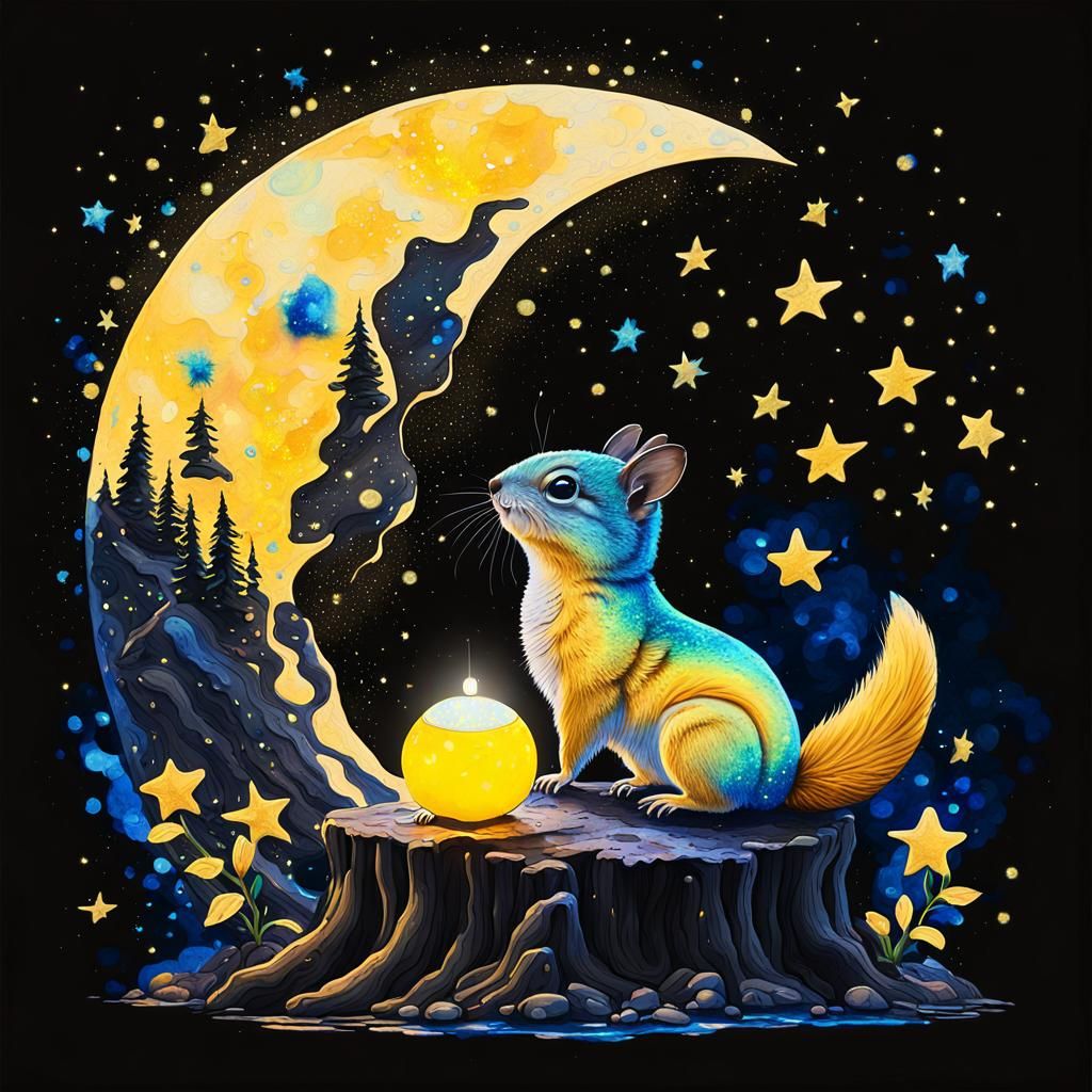 Ethereal Chipmunk and Moon in Watercolor Style