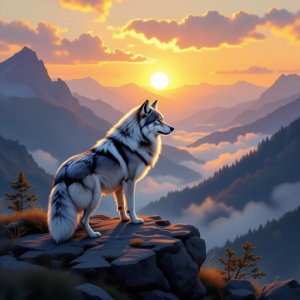 Silver Wolf Over Misty Valley Sunset