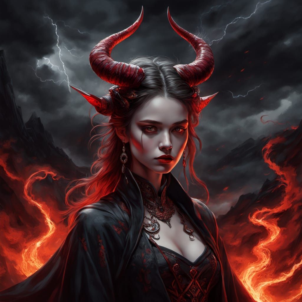 Dark Fantasy Goddess in Tempestuous Landscape with Lightning